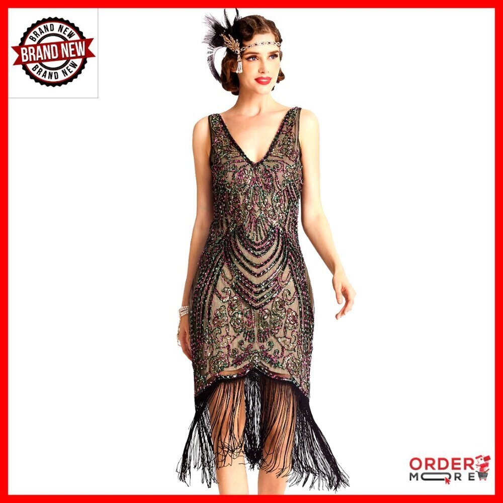 Flapper Dress 1920s V-Neck Beaded Fringe Gatsby Party Cocktail